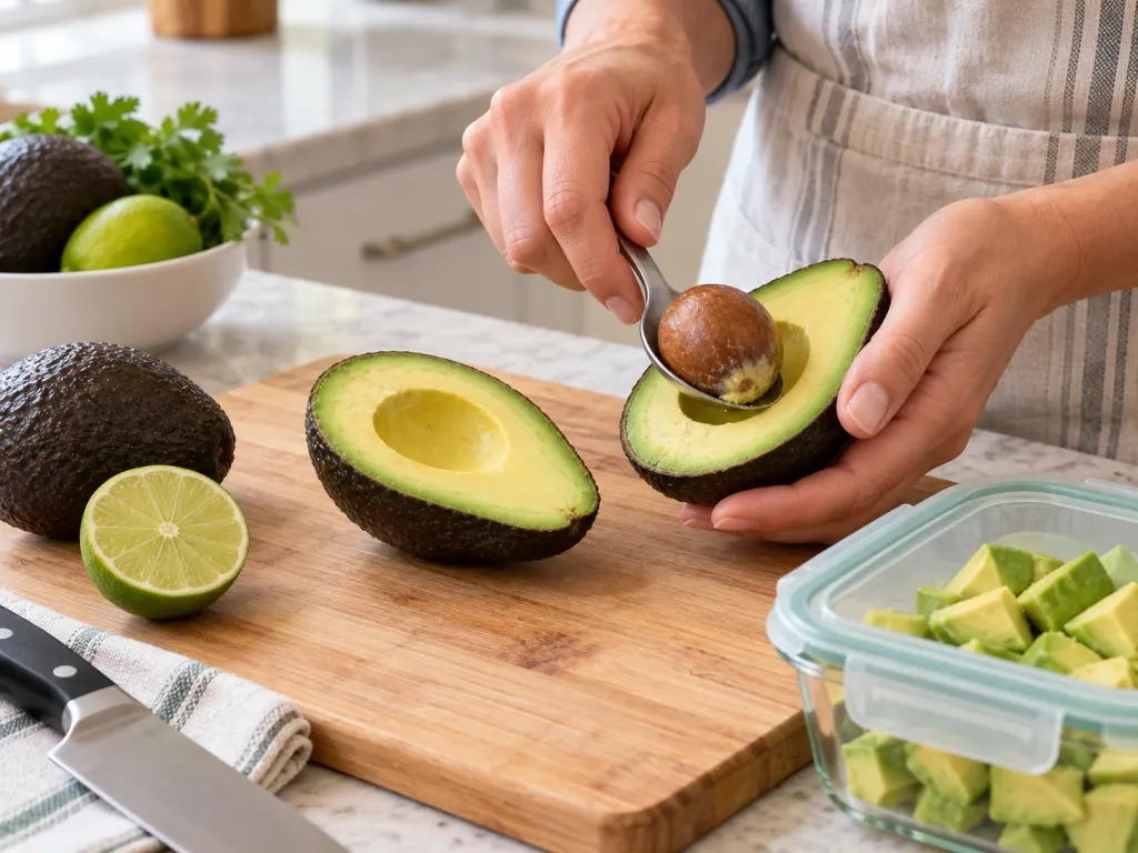 A halved avocado on a cutting board with a spoon, lime, and storage container.