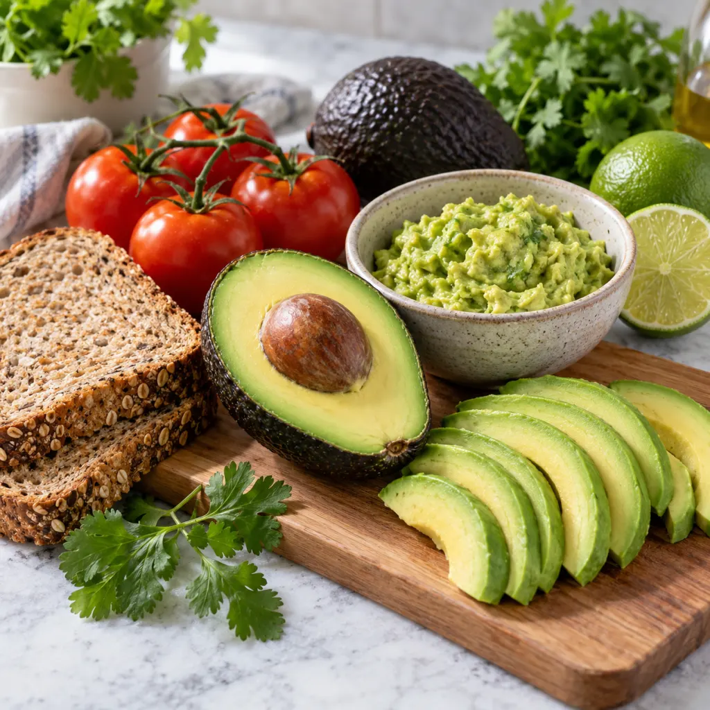 Avocado halves, slices, toast, tomatoes, lime, and herbs on a clean kitchen surface.