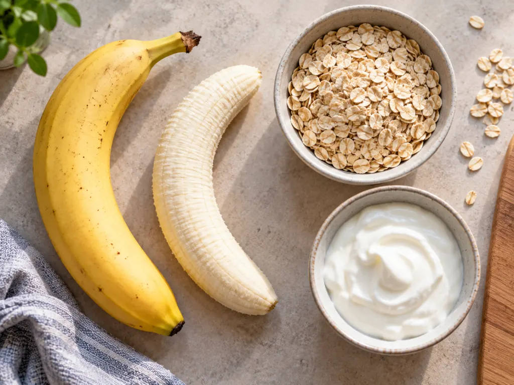 Bananas shown with oats and yogurt as a balanced snack setup.