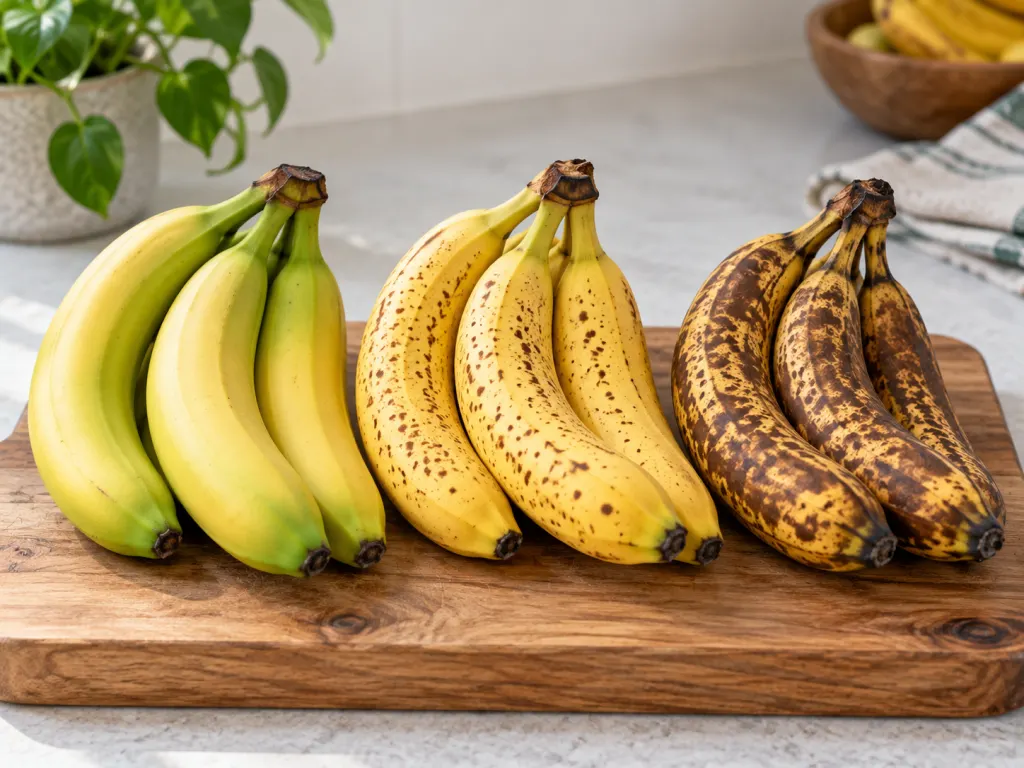Bananas at different ripeness stages arranged on a wooden board.
