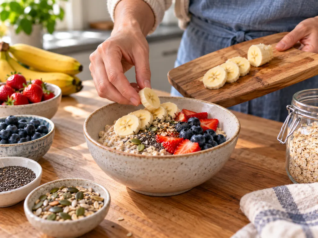 Sliced banana being added to oatmeal with berries and seeds.
