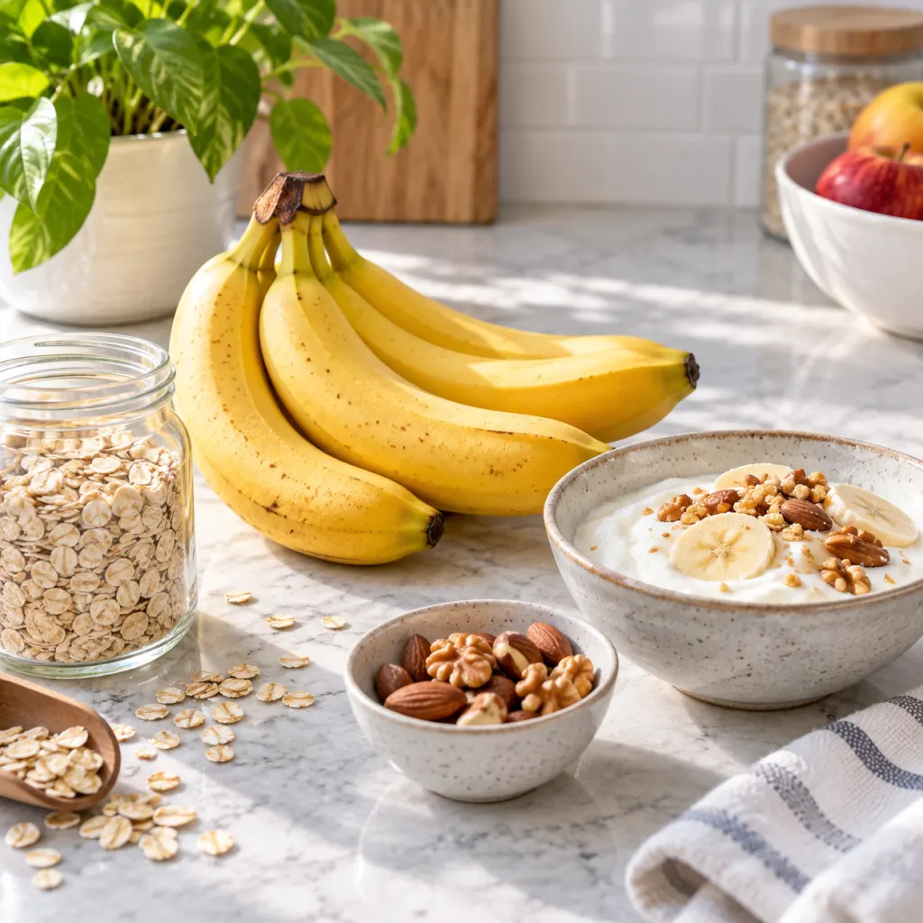 Ripe bananas arranged with simple breakfast ingredients on a kitchen counter.