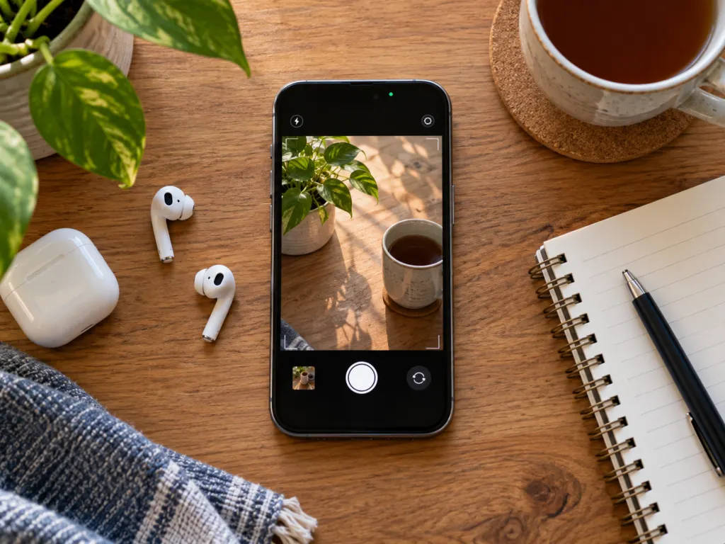 A phone on a desk showing a small green privacy indicator during camera use.