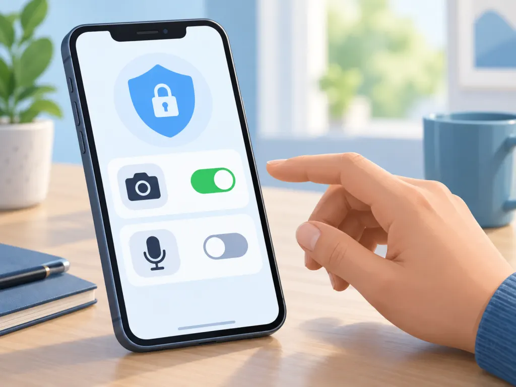 An illustrated phone settings screen showing camera and microphone permission controls.