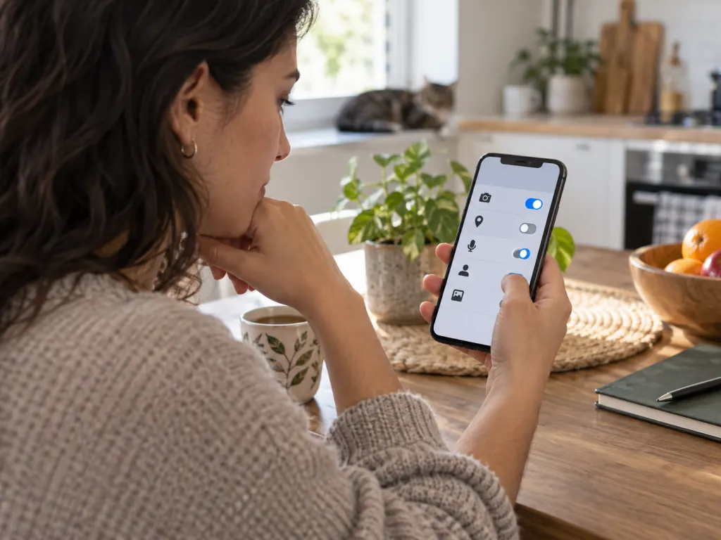 A person reviewing privacy permissions on a smartphone in a calm home setting.