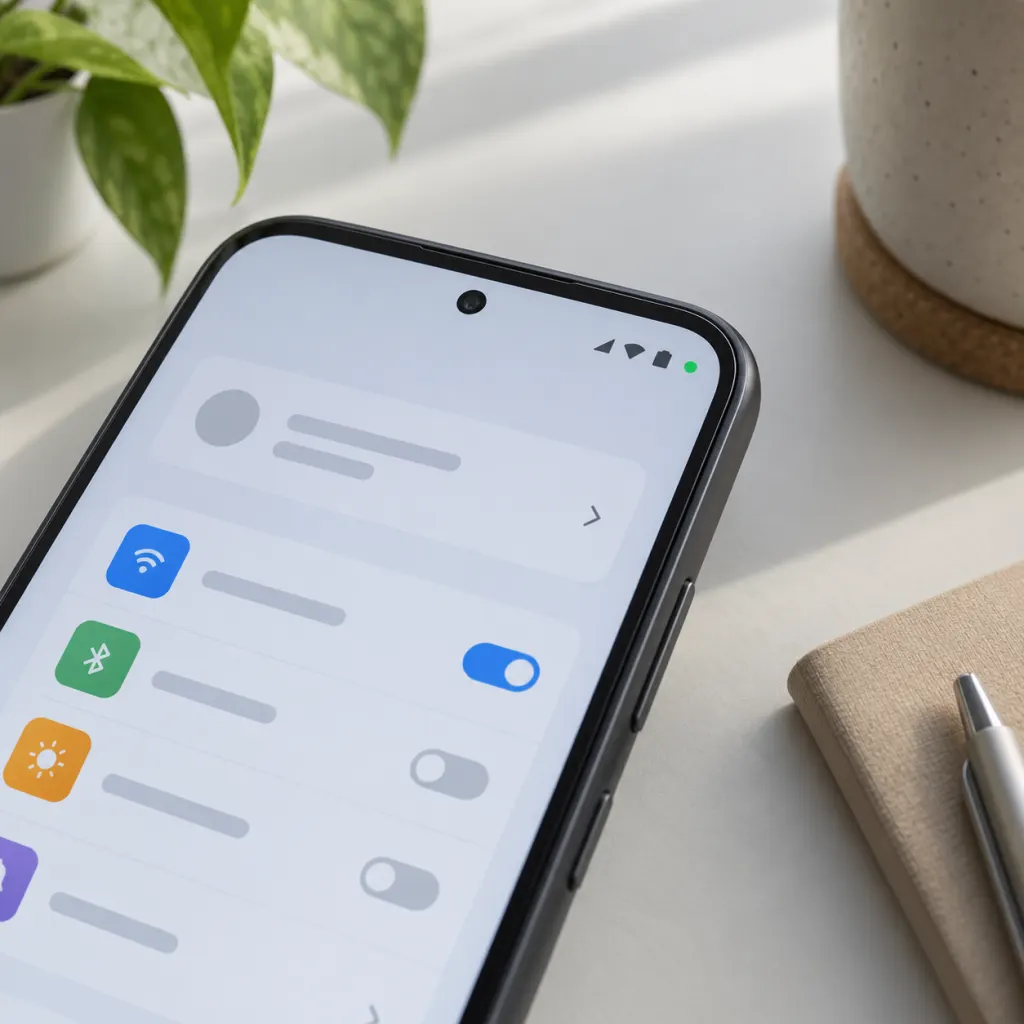 A smartphone screen with a small green privacy dot in the upper corner.