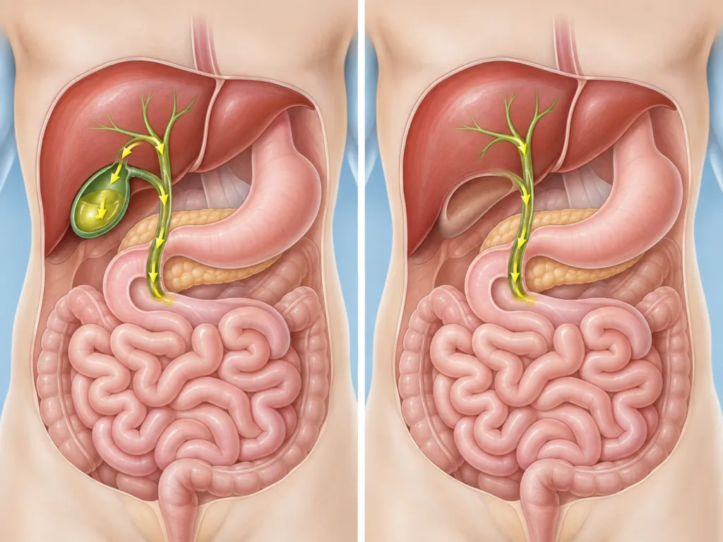 Illustration comparing bile movement before and after gallbladder removal without written labels.