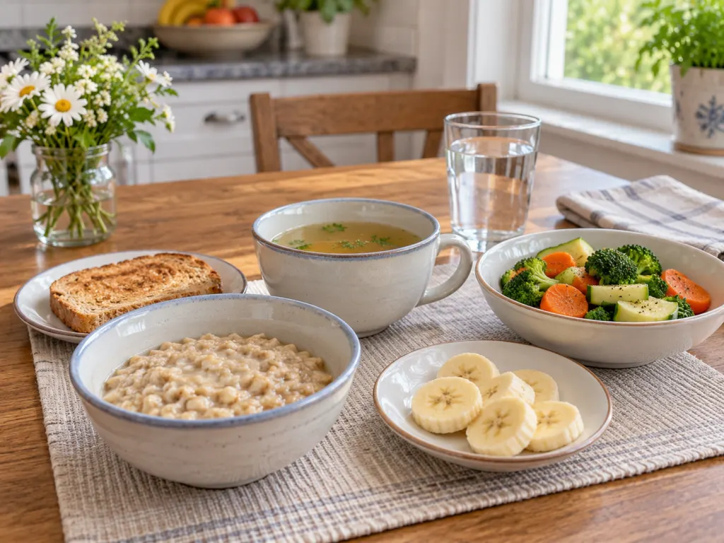 Small simple meals on a kitchen table representing gradual eating after gallbladder surgery.