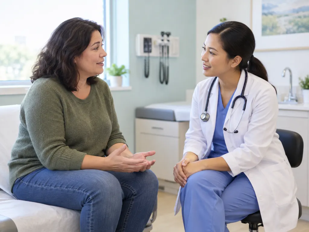 Patient and healthcare professional discussing recovery in a calm exam room.