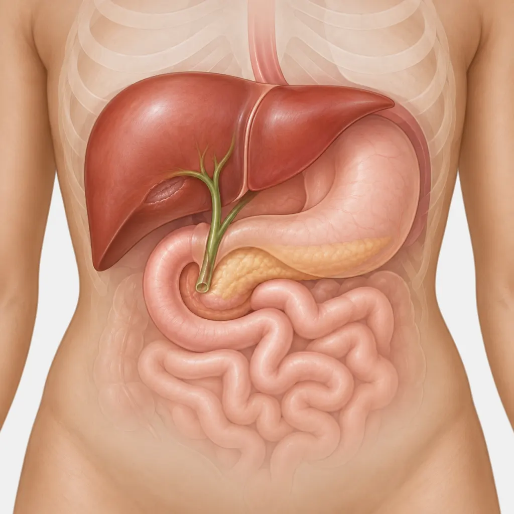 Educational illustration showing bile flow from the liver to the small intestine after gallbladder removal.