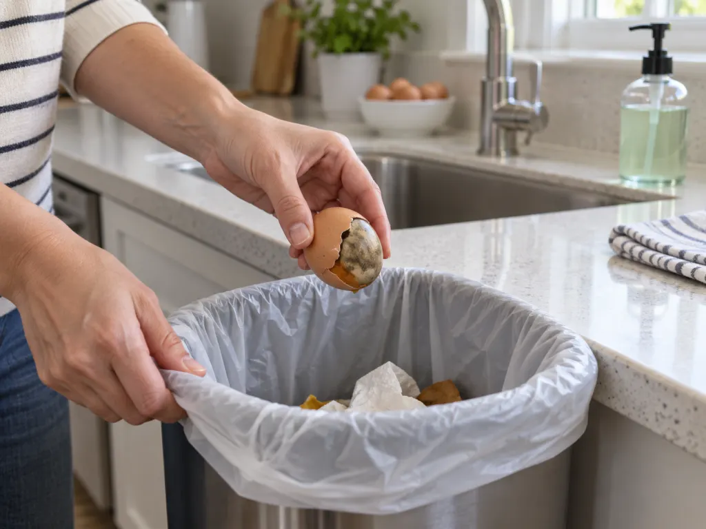 Hands discarding a questionable egg near a clean sink and soap for safe kitchen cleanup.