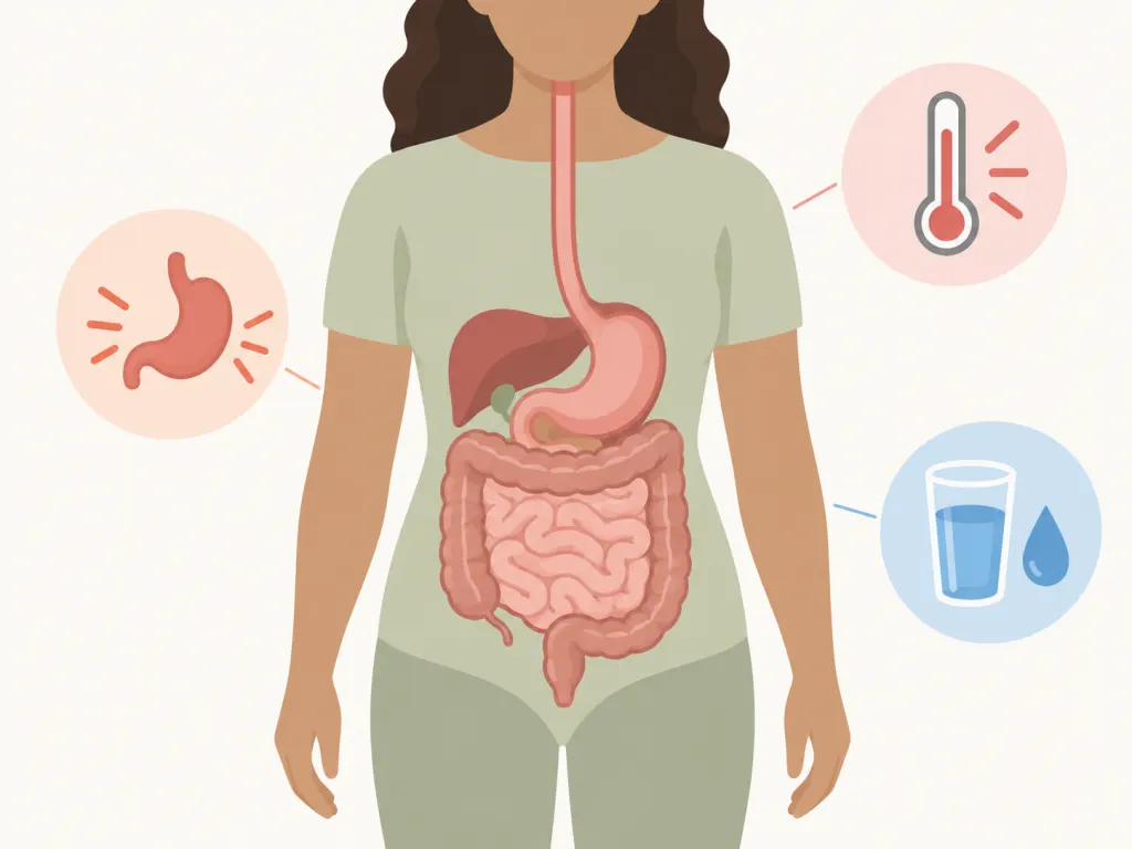 A calm educational illustration showing digestive discomfort and hydration cues after foodborne illness.