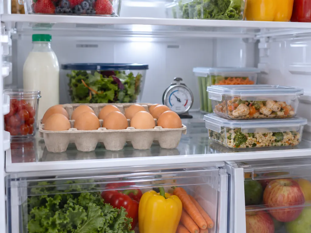 Eggs stored in a carton on a refrigerator shelf with a thermometer and covered leftovers nearby.