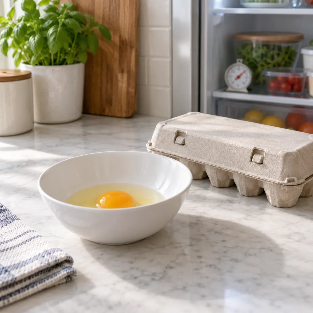 A cracked egg in a bowl beside an egg carton and refrigerator thermometer on a clean kitchen counter.