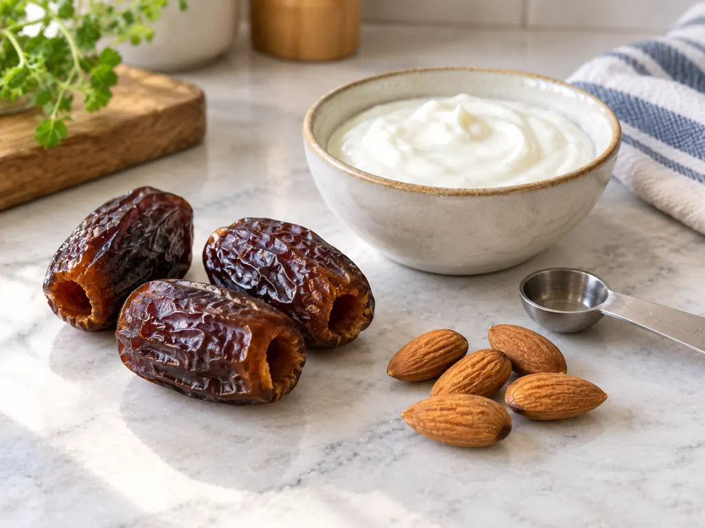 Three pitted dates arranged with yogurt and almonds to show a balanced snack idea.
