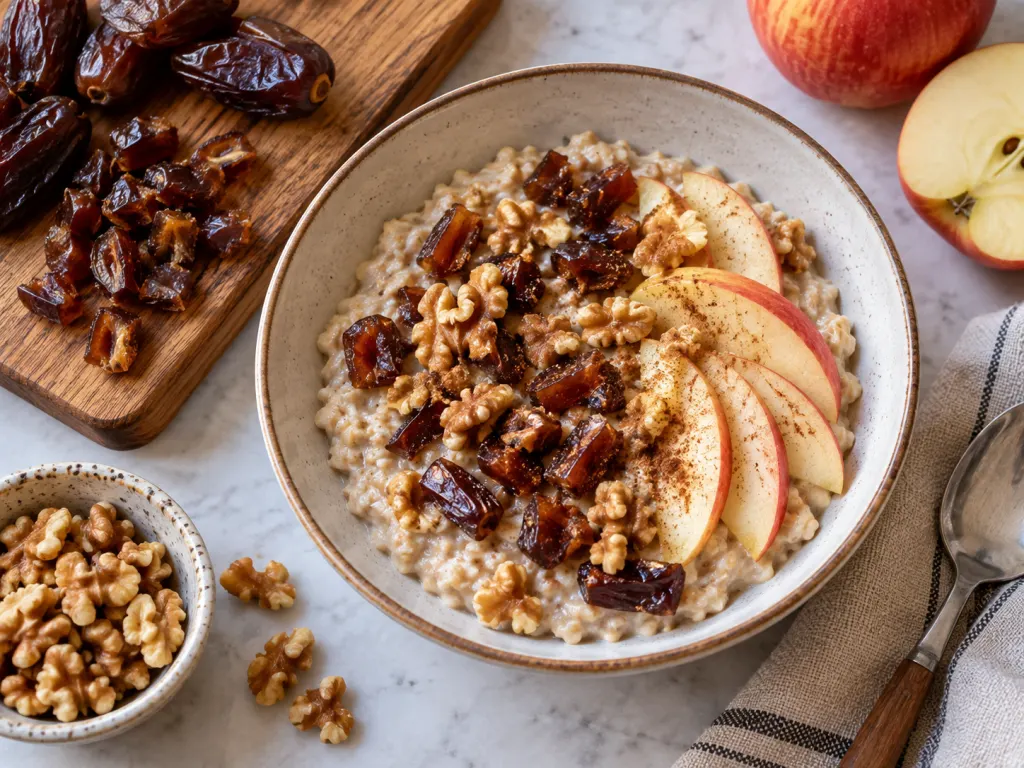 Chopped dates scattered over oatmeal with apple slices and walnuts.