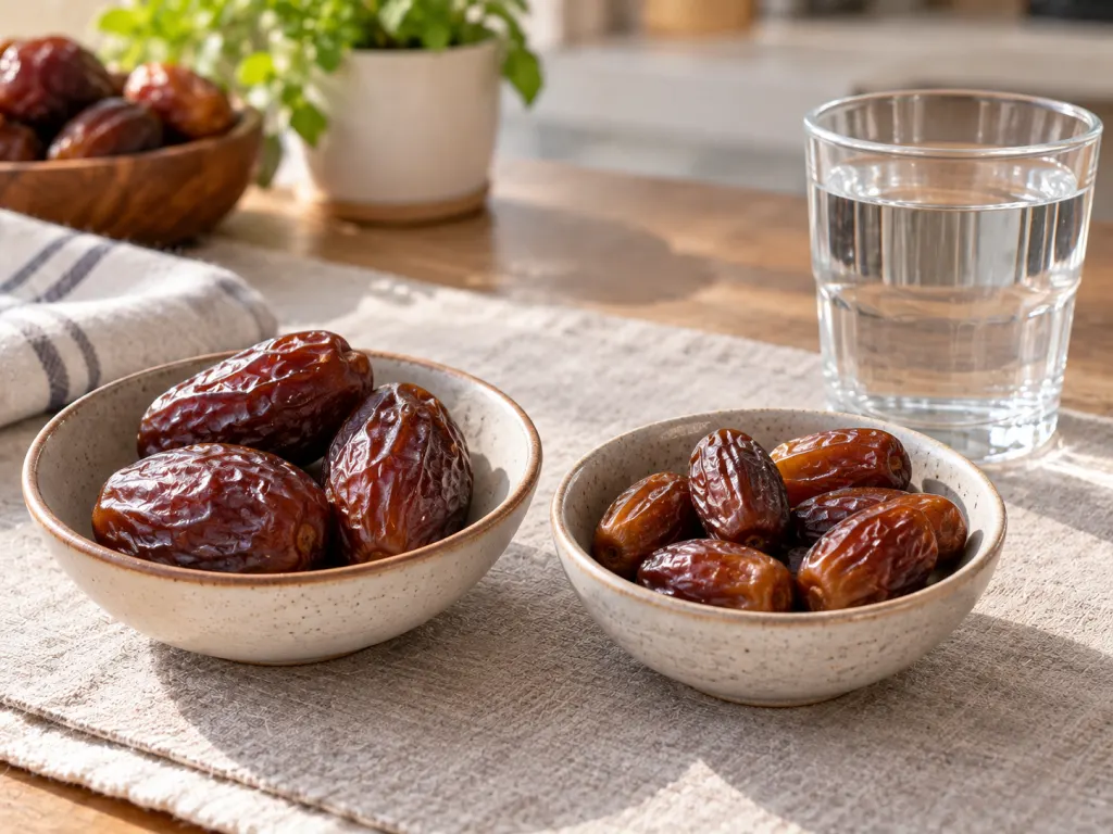 Small bowls of large and small dates on a kitchen table with water nearby.