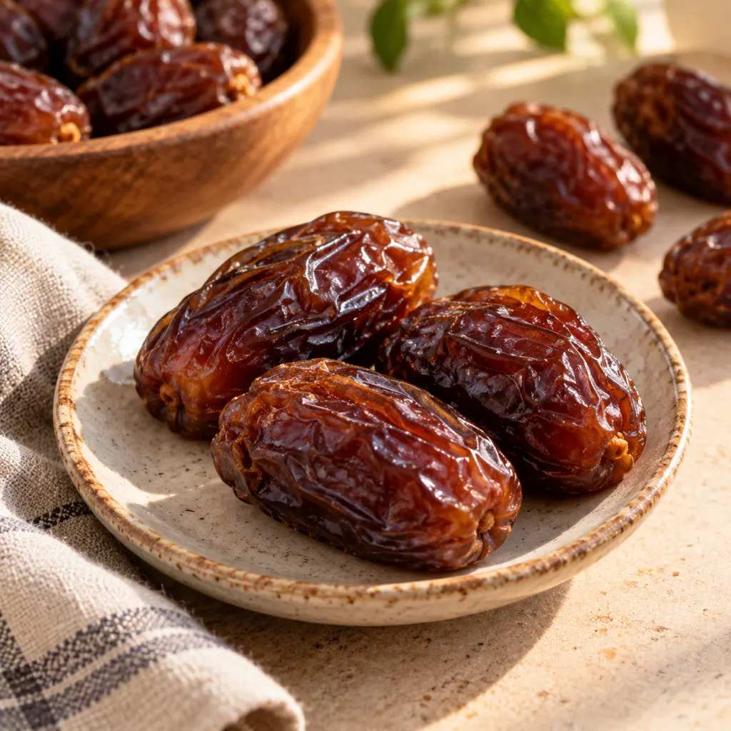 Three Medjool dates served on a small plate in warm kitchen light.
