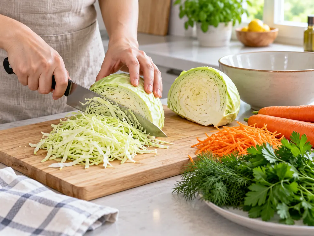 Hands slicing cabbage into thin shreds beside carrots and herbs on a kitchen counter.