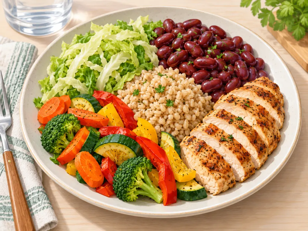 A balanced plate with cabbage, beans, grains, colorful vegetables, and a protein food.