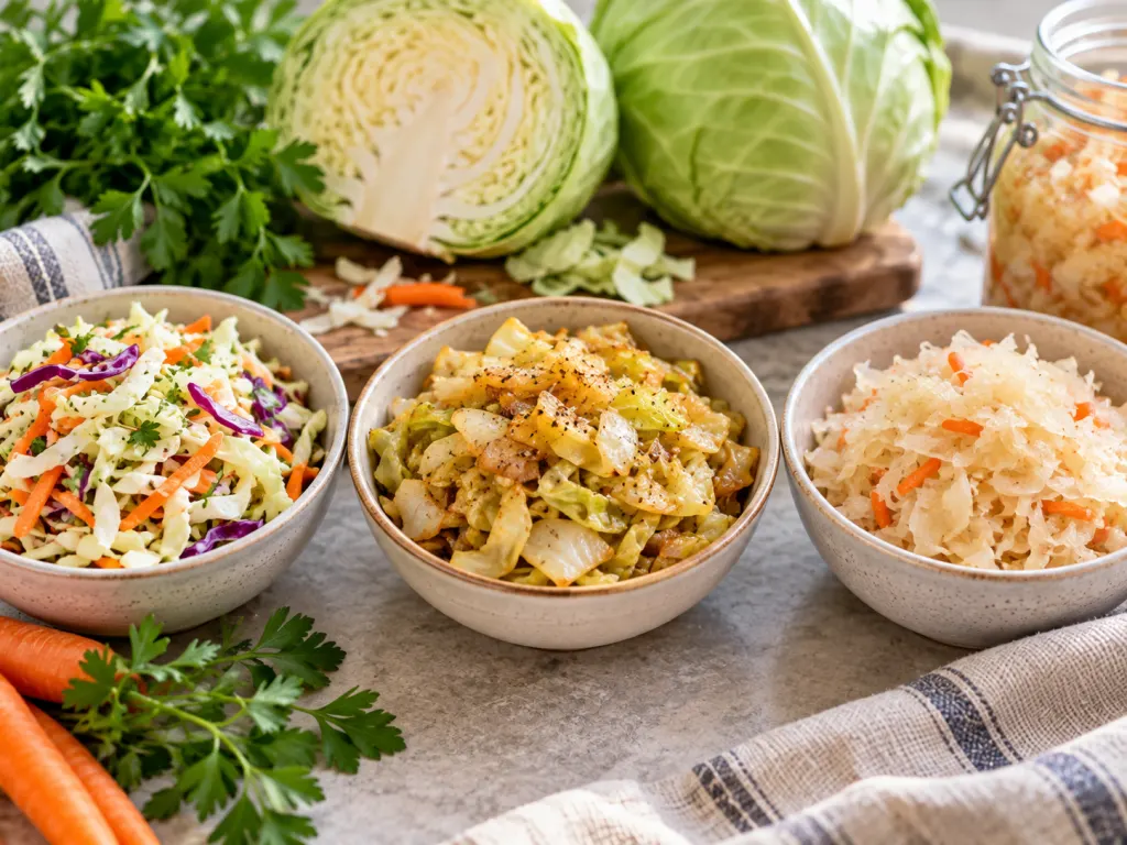 Three bowls showing raw cabbage slaw, cooked cabbage, and fermented cabbage condiment.
