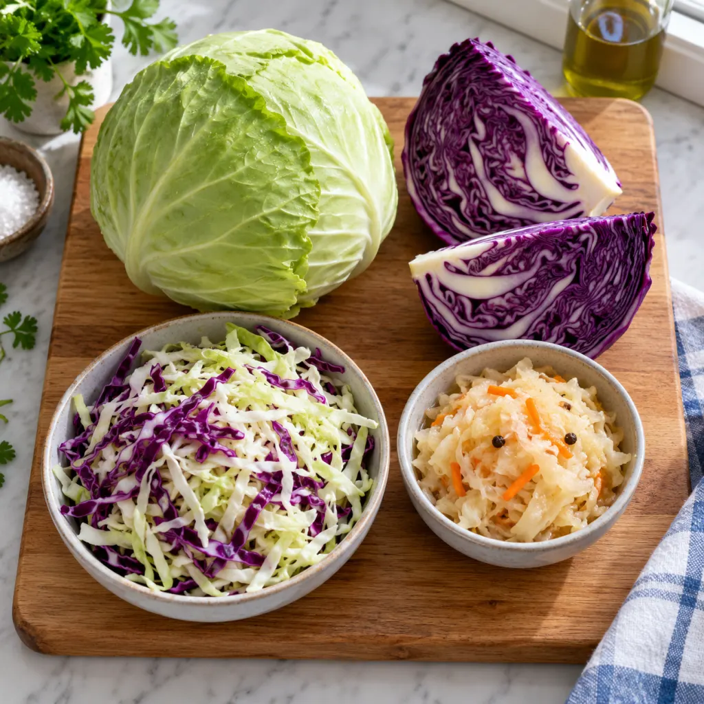 Green and red cabbage with shredded cabbage and a small bowl of fermented cabbage on a cutting board.