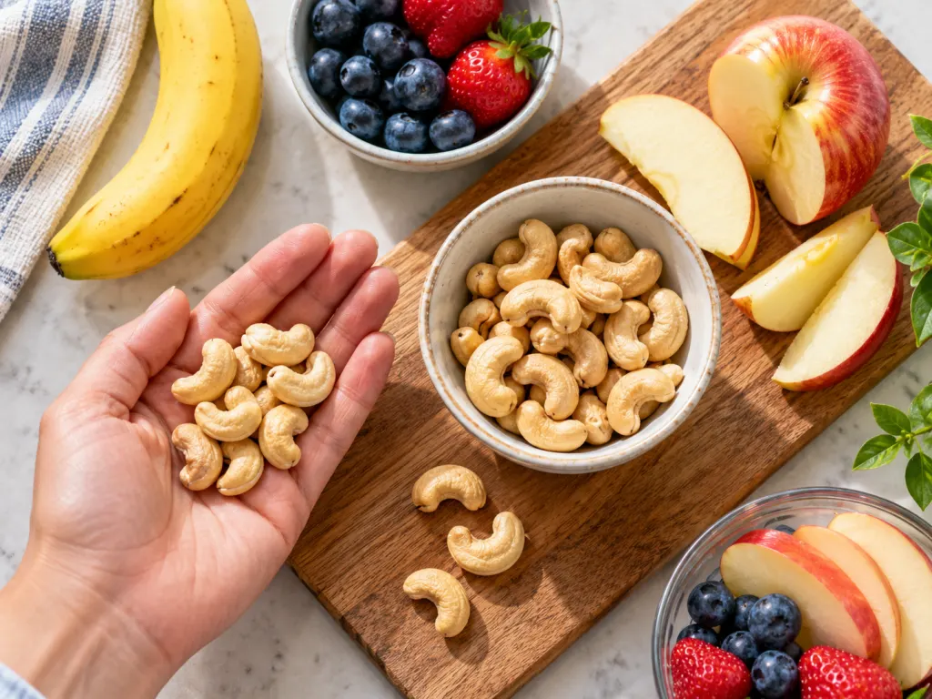 A measured portion of cashews arranged with fruit for a snack.