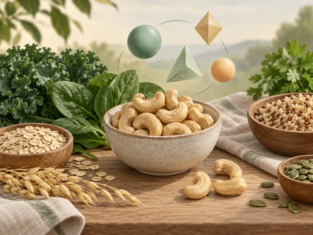 An educational illustration of cashews with whole-food ingredients.