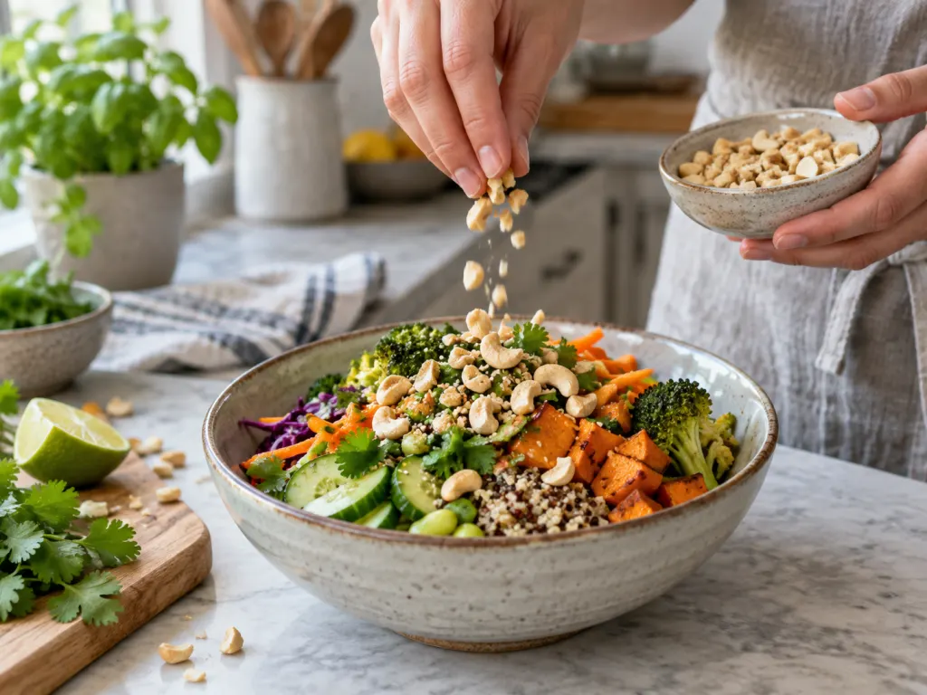 Chopped cashews being added to a grain and vegetable bowl.