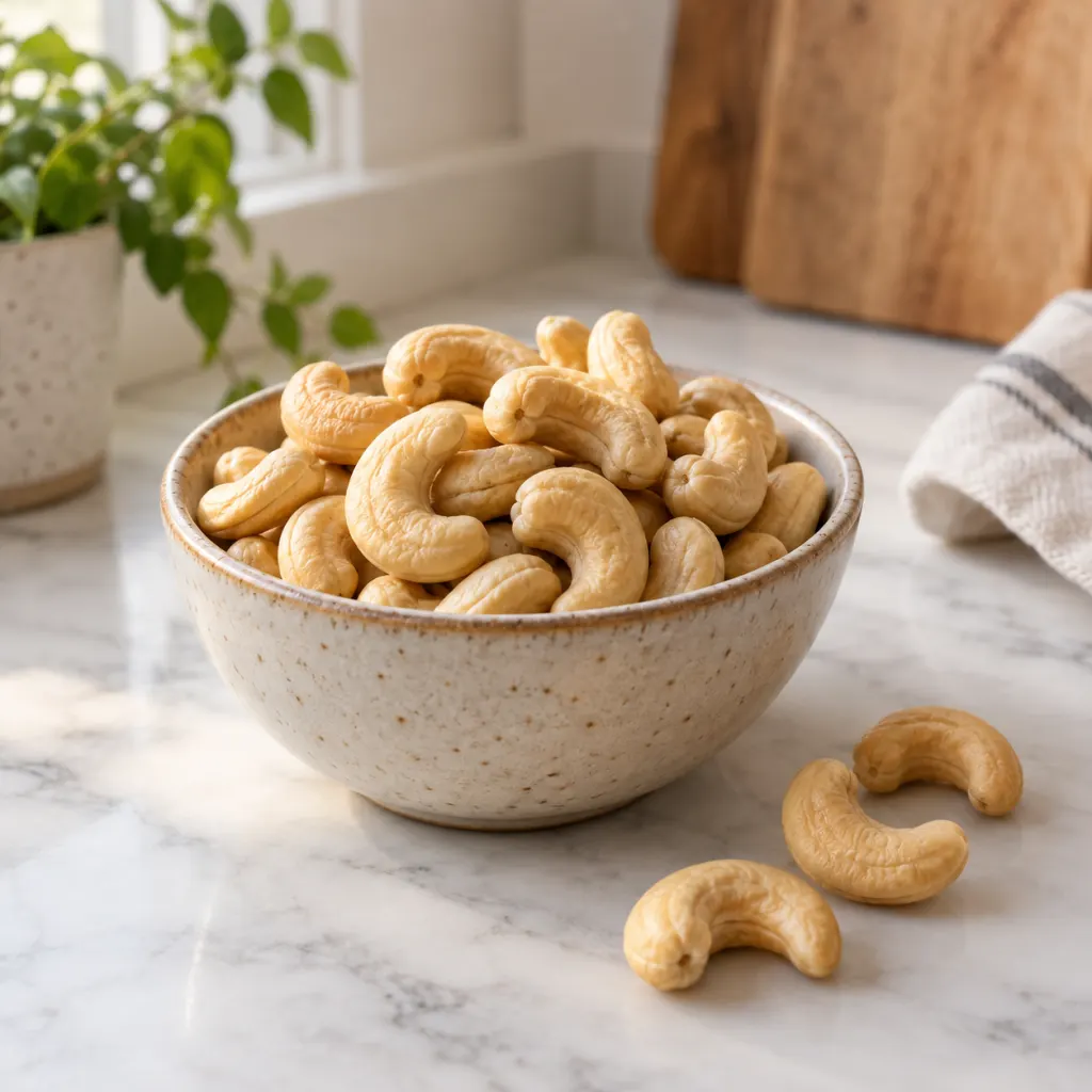 A small bowl of plain cashews on a kitchen counter.