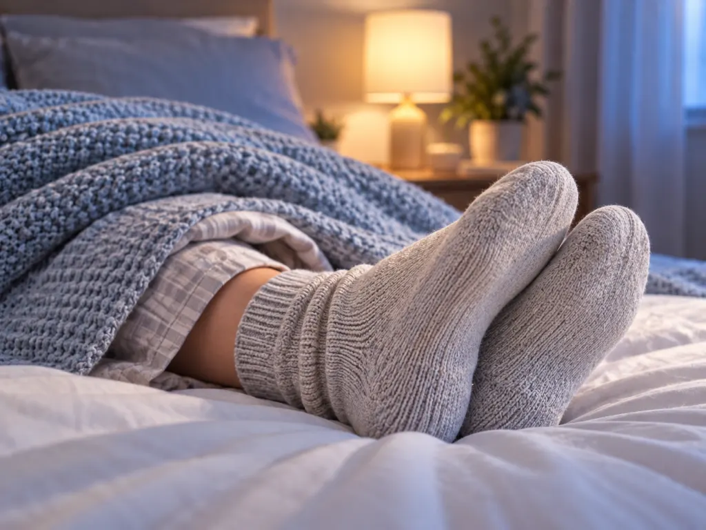 Feet in loose socks resting under a light blanket