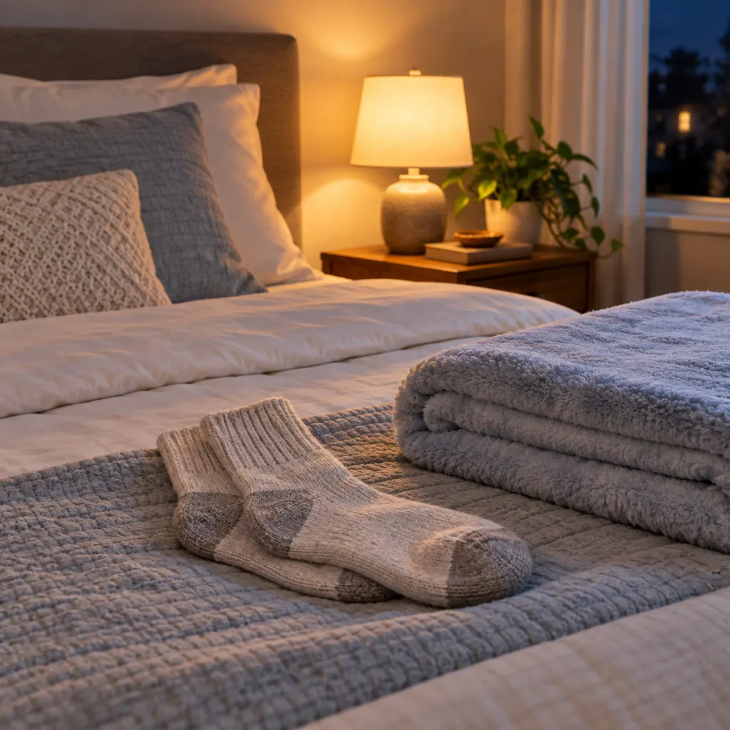 Soft socks beside folded bedding in a calm bedroom at night