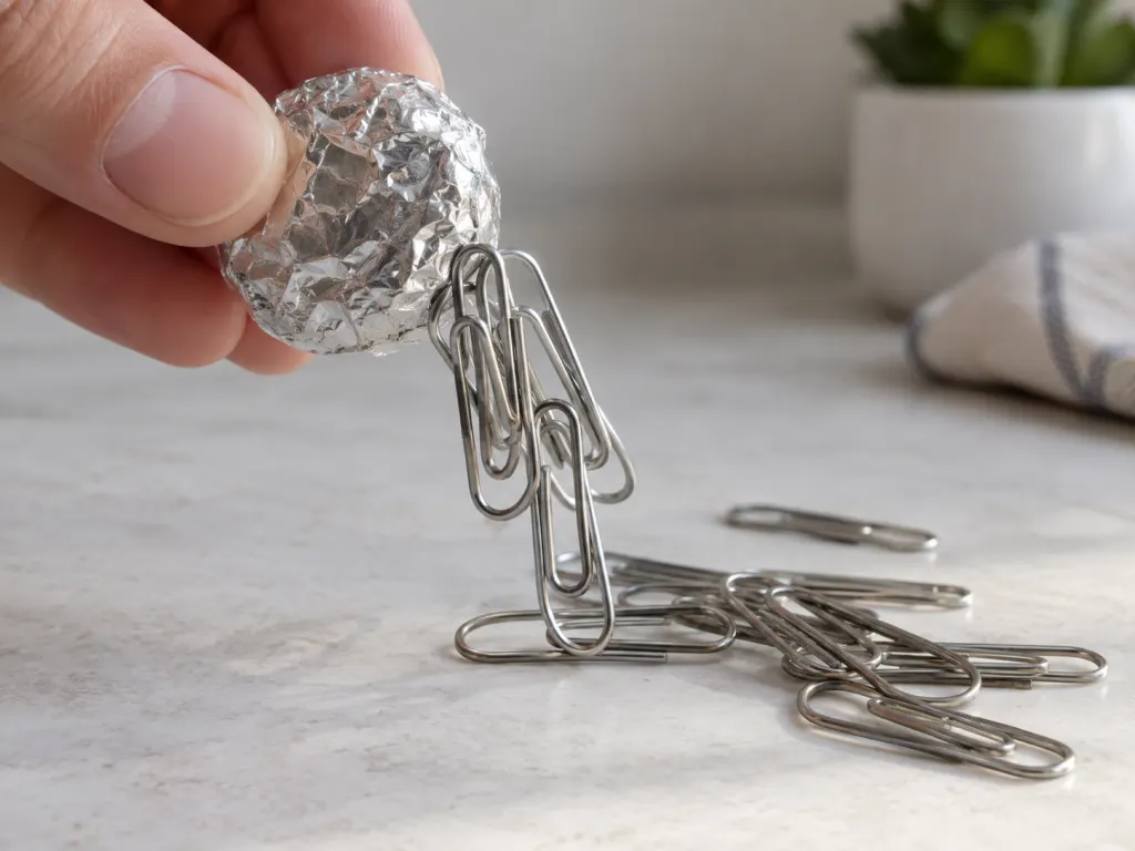 A foil-wrapped magnet attracting paper clips in a simple tabletop demonstration.