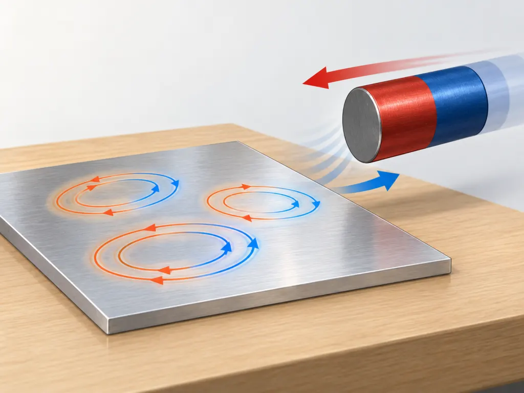 An illustration of a moving magnet near aluminum with eddy current loops shown by arrows.