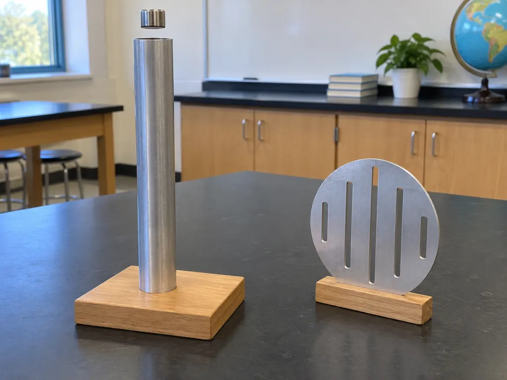 An aluminum tube and magnet demonstration with a slotted aluminum plate nearby.