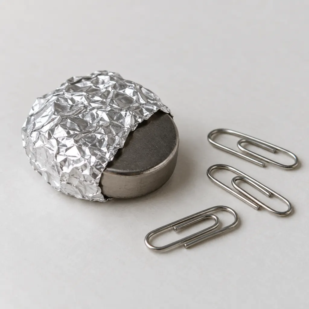 A magnet partly wrapped in aluminum foil beside steel paper clips on a simple tabletop.