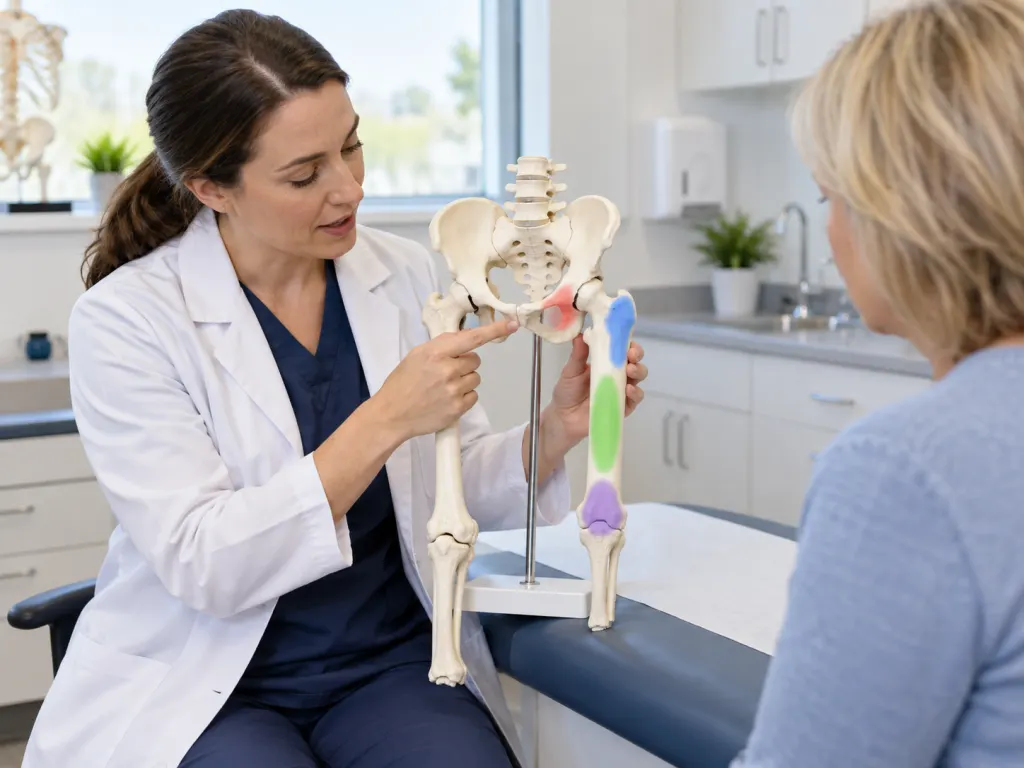 Clinician explaining hip pain locations with a pelvis model.