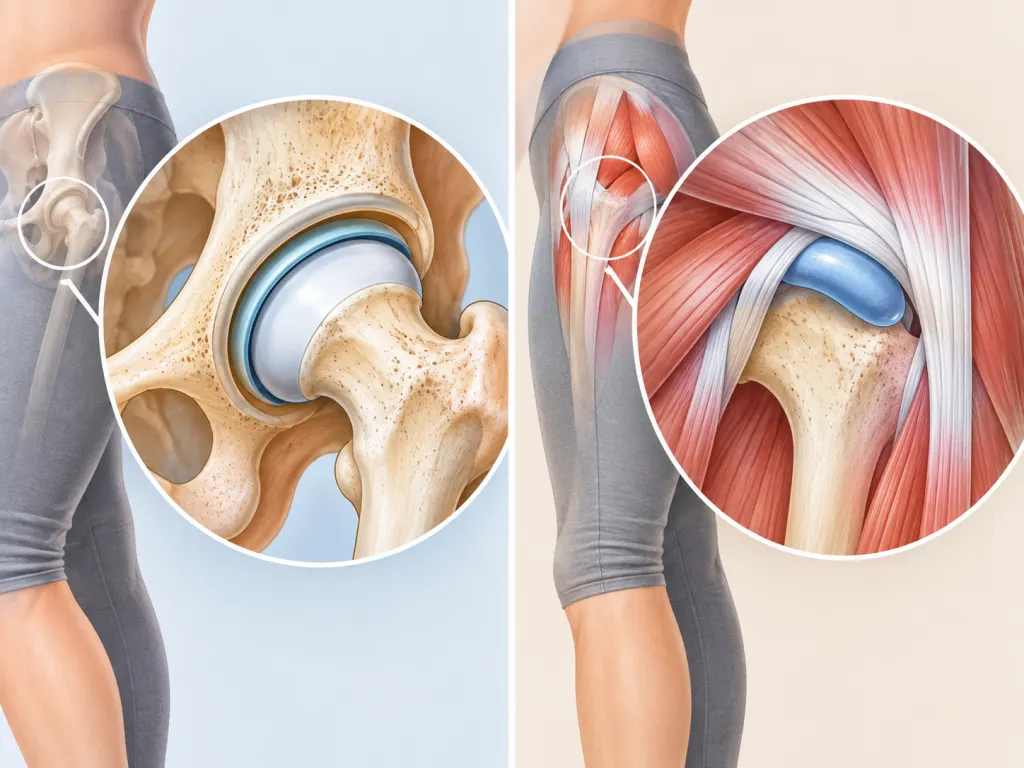 Educational illustration of the hip joint and nearby soft tissues.