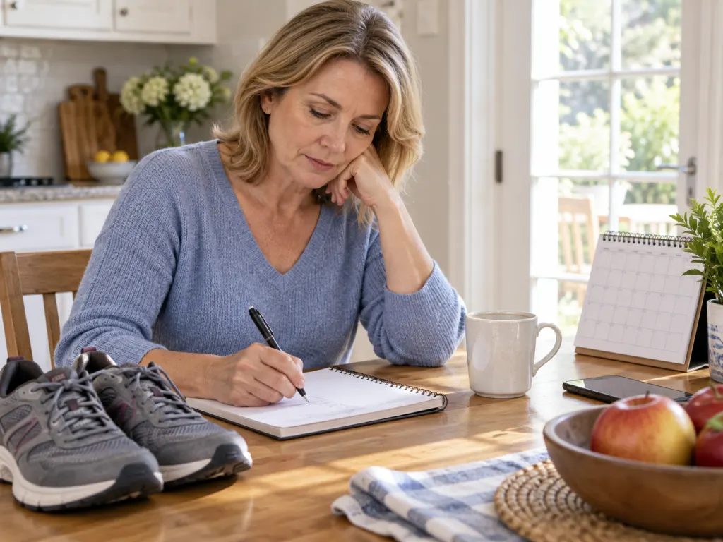 Adult making notes about hip pain patterns before seeking care.