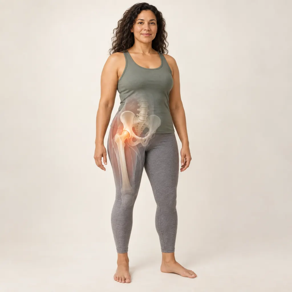 Calm illustration of an adult with the hip area subtly highlighted.