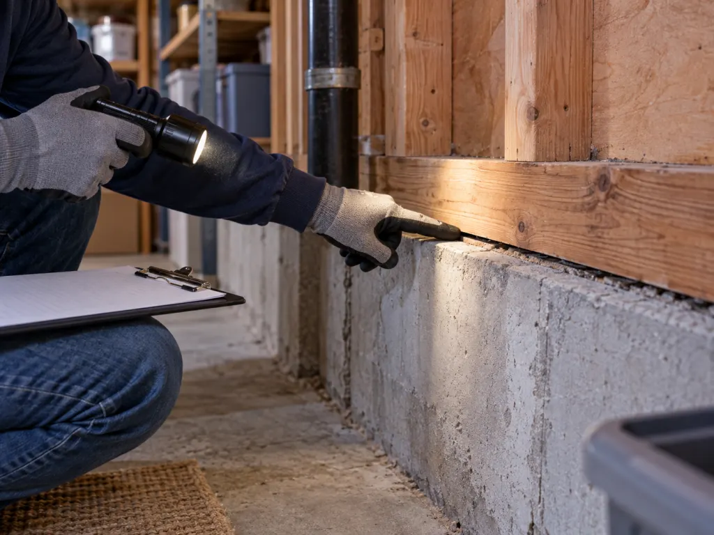 A basement foundation and wood sill being inspected with a flashlight and clipboard.