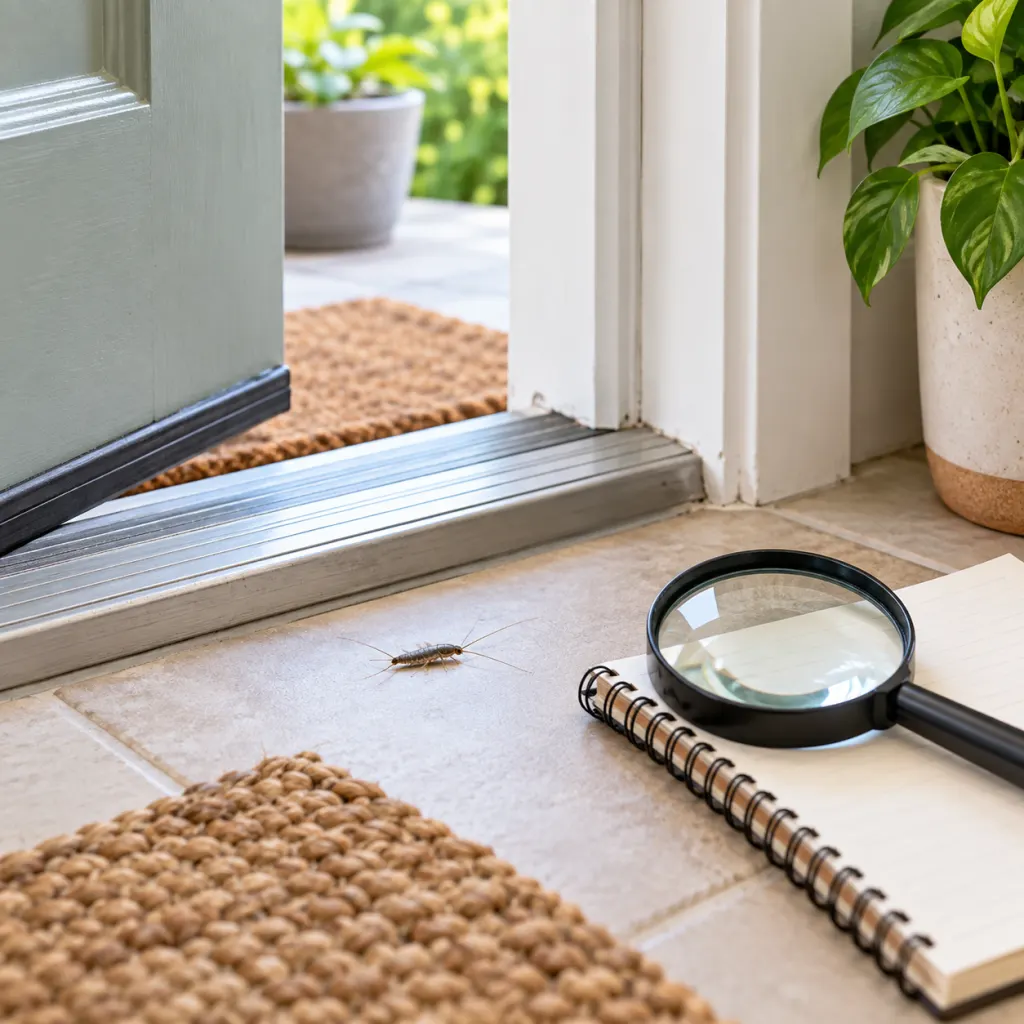 A small insect near a home threshold with a notebook and magnifying glass nearby.