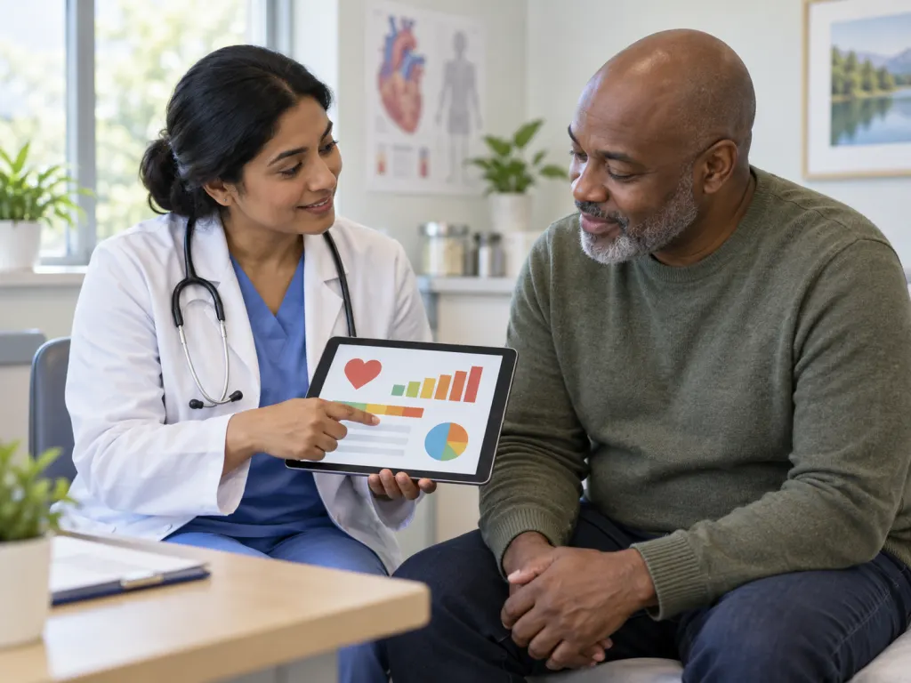 A clinician and patient review health information together in a consultation room.