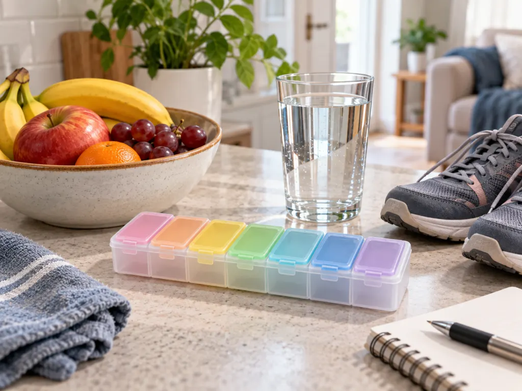 A closed pill organizer sits near fruit, walking shoes, and water on a kitchen counter.