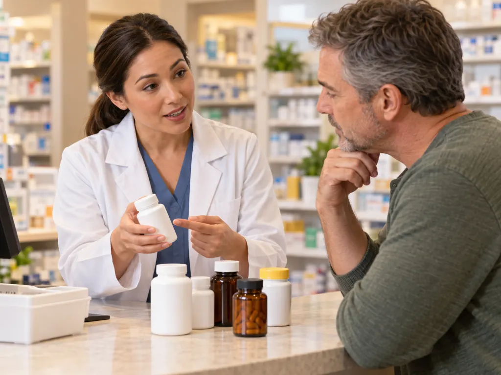 A pharmacist discusses medicines and supplements with an adult at a pharmacy counter.