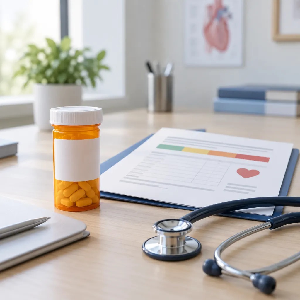 A prescription bottle, lab folder, and stethoscope arranged on a clean clinic desk.