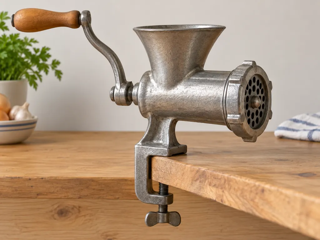 Side view of a hand-cranked food chopper showing its main parts.