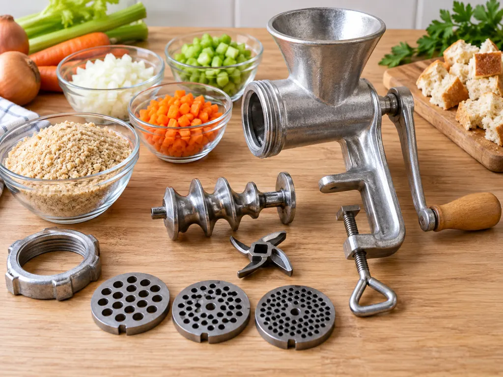 Disassembled vintage food chopper parts arranged beside chopped food.