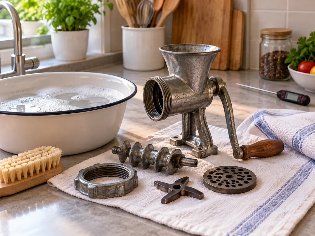 Vintage food chopper beside cleaning tools and a food thermometer.
