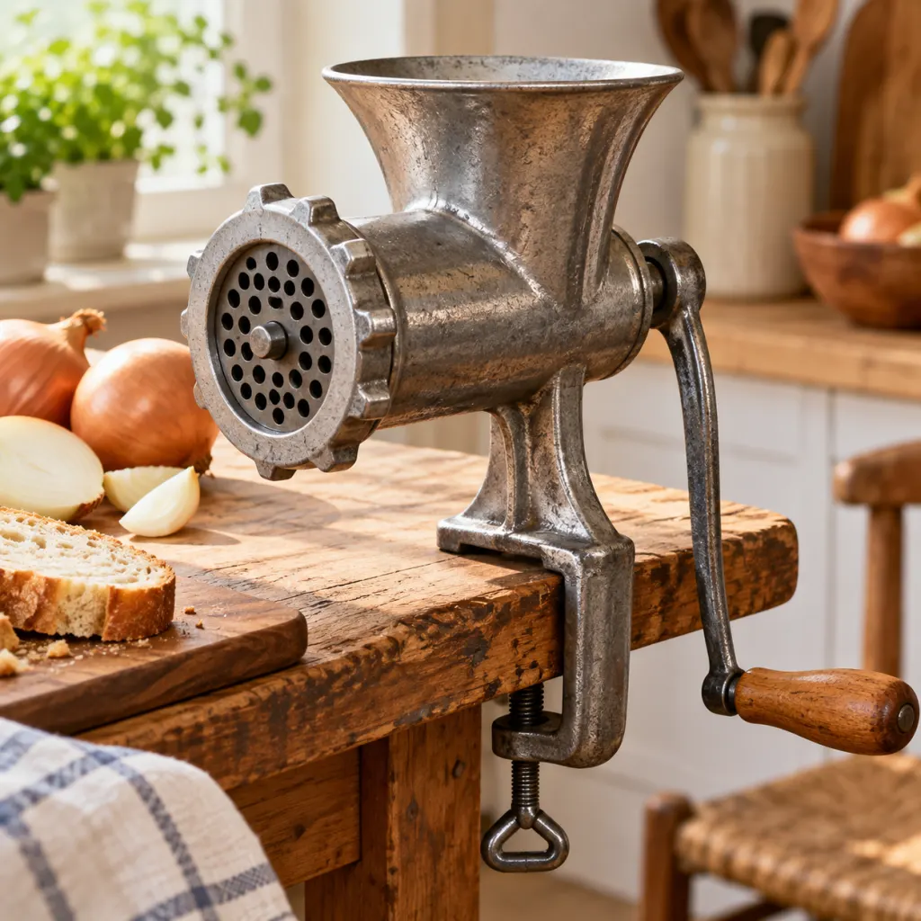 A vintage hand-cranked food chopper clamped to a wooden kitchen table.